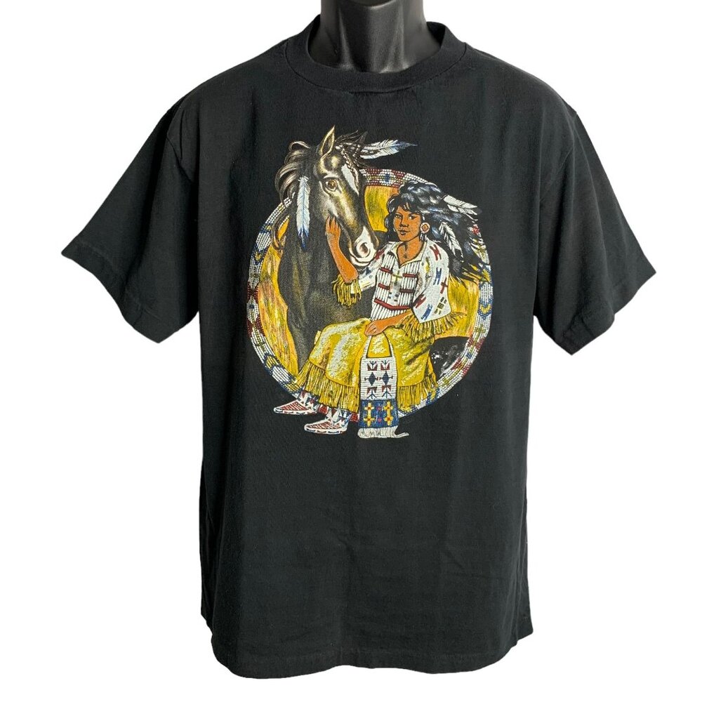 Vintage 90s Native American Girl T Shirt L Black Single Stitch Crewneck Horse
